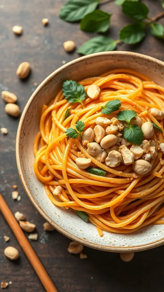 A bowl of Thai peanut sweet potato noodles topped with crushed peanuts and fresh herbs.