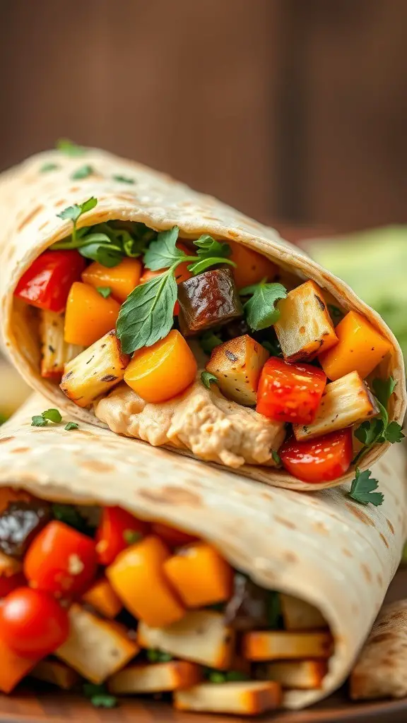 A close-up of a roasted vegetable and hummus wrap filled with colorful vegetables and herbs.