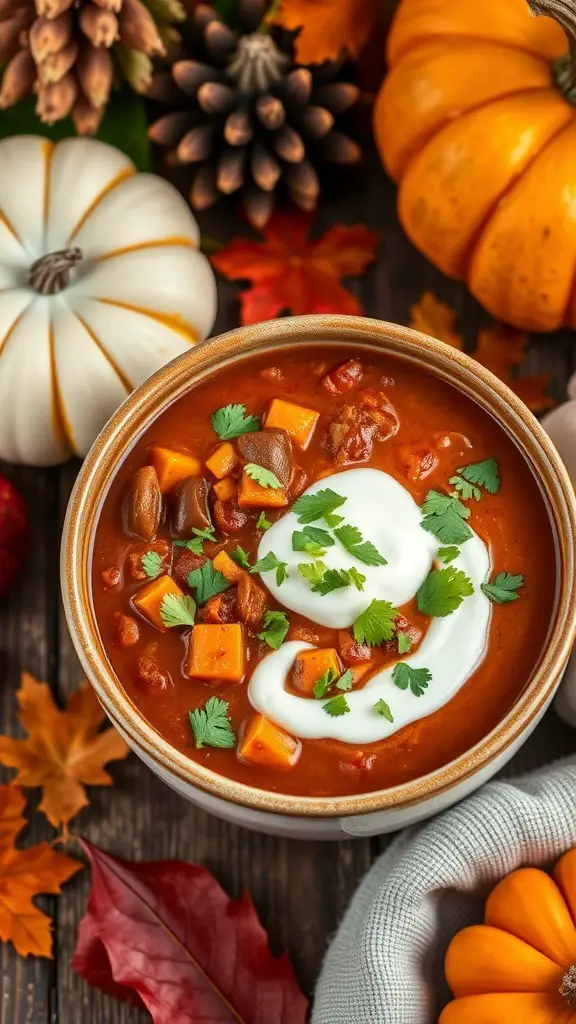 A bowl of spicy pumpkin chili topped with sour cream and cilantro, surrounded by pumpkins and autumn leaves.