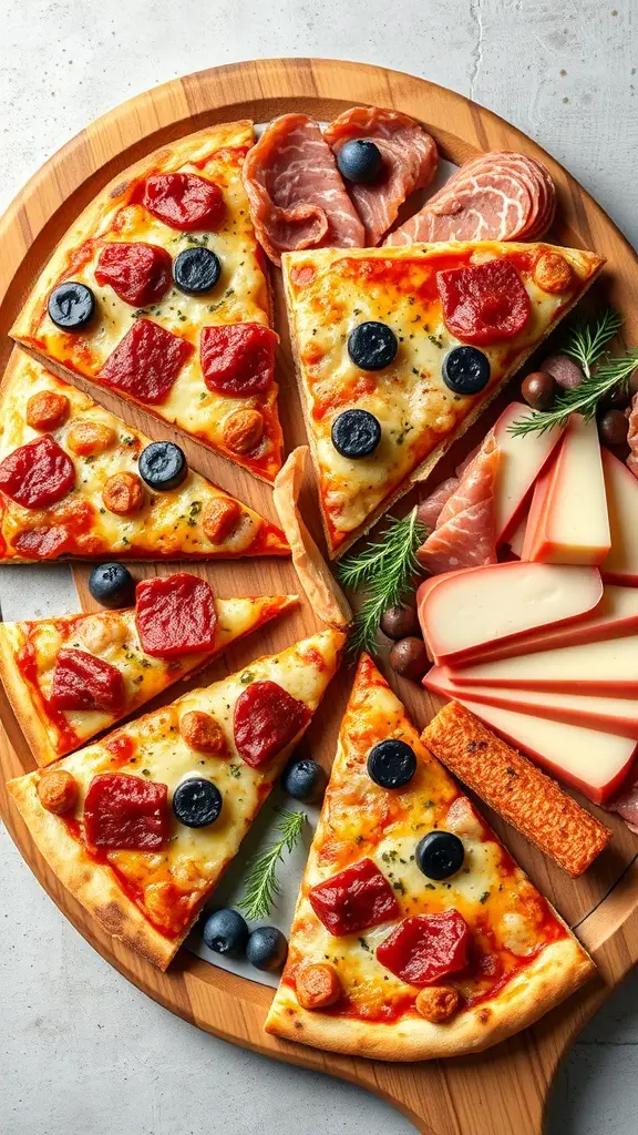 A wooden charcuterie board featuring slices of meat lover's pizza, assorted cured meats, and cheese.