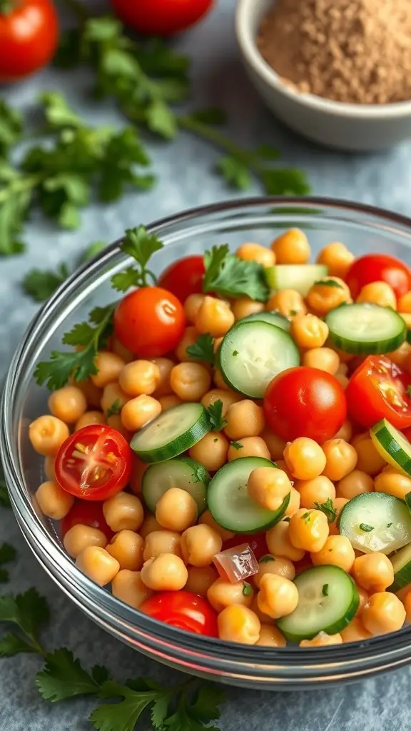 A bowl of colorful chickpea salad with tomatoes, cucumber, and cilantro