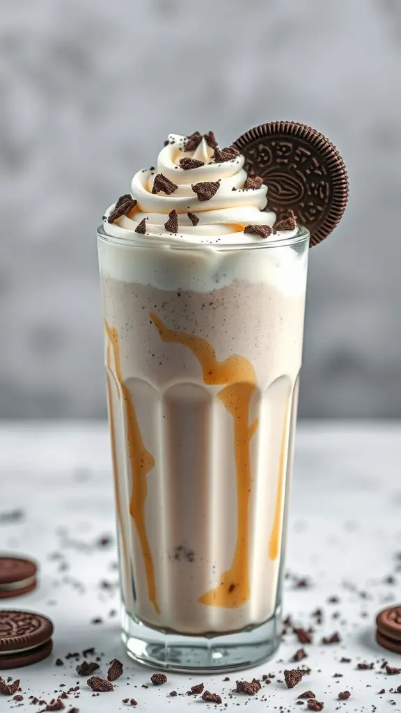 A delicious Oreo milkshake topped with whipped cream and crushed Oreos in a tall glass.