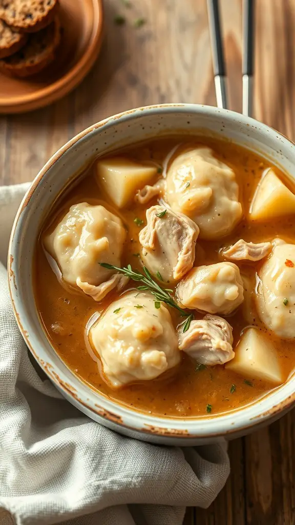 A bowl of chicken and dumplings with tender chicken, fluffy dumplings, and potatoes in a rich broth.
