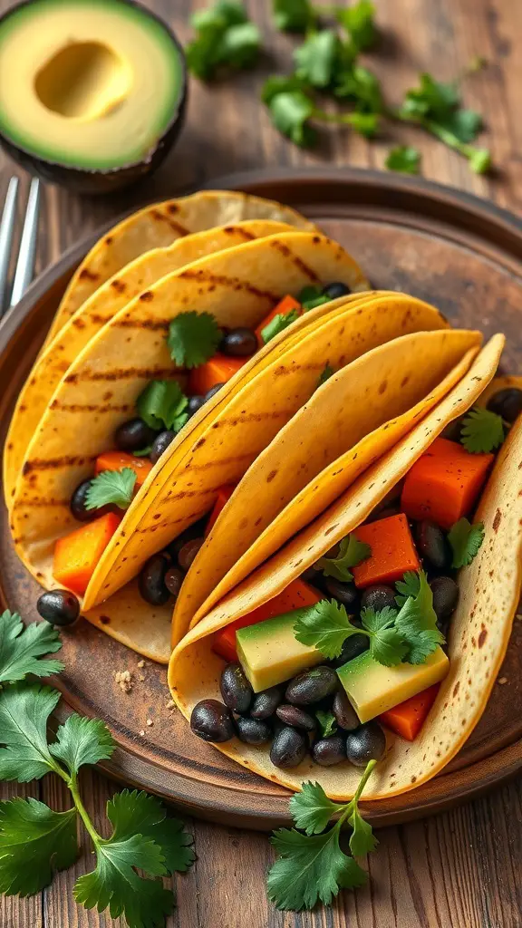 Three sweet potato and black bean tacos on a wooden plate, garnished with cilantro and served with avocado.