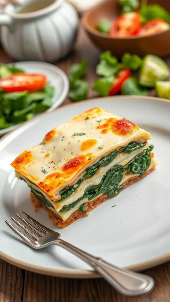 A slice of vegetable lasagna with spinach on a plate, surrounded by fresh salad ingredients.