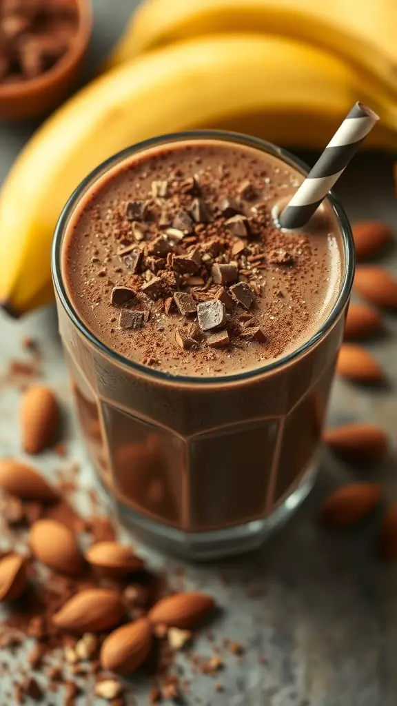 A glass of chocolate banana smoothie with chocolate pieces on top, surrounded by bananas and almonds.