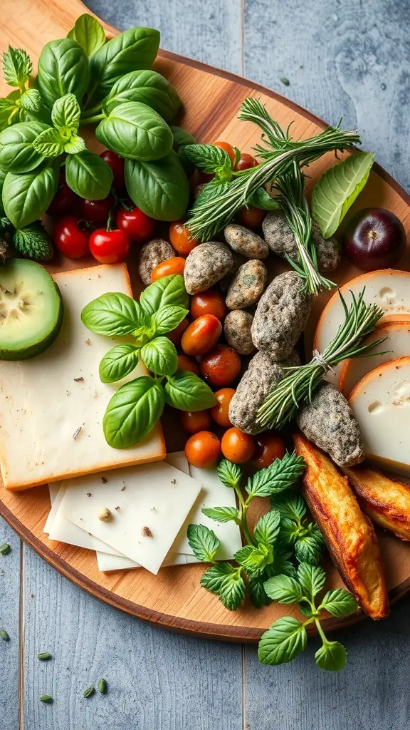 A beautifully arranged salad charcuterie board featuring fresh herbs, vegetables, and cheese.