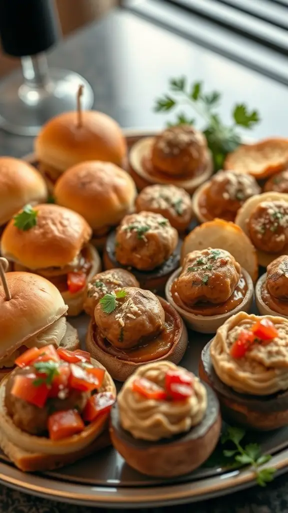 A platter of savory finger foods including mini sliders, meatballs, and stuffed mushrooms.