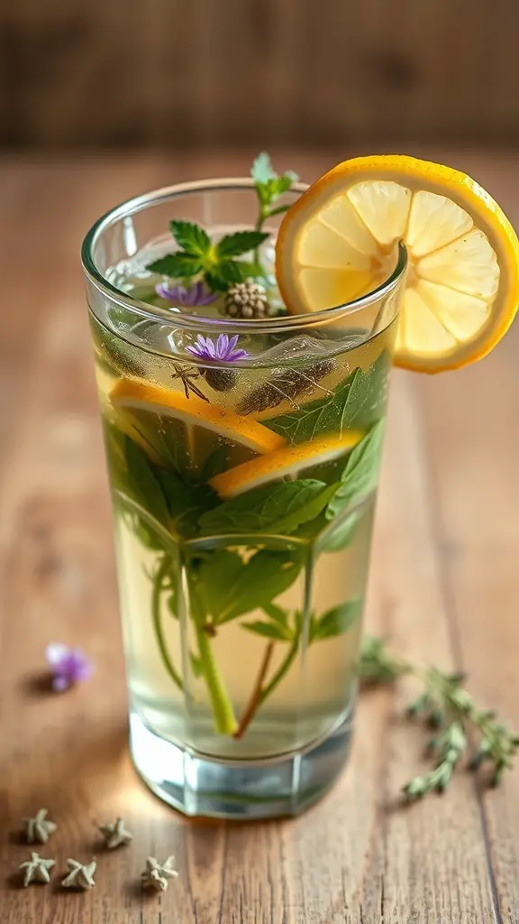 A refreshing herbal infusion energy juice with lemon slices and fresh herbs in a glass.