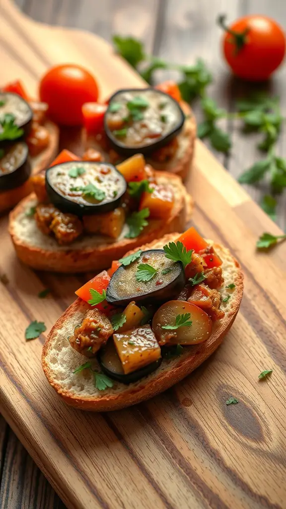Eggplant Caponata Crostini on a wooden board with fresh ingredients