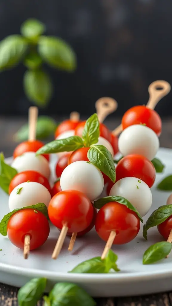 Mini Caprese skewers with cherry tomatoes, mozzarella balls, and basil leaves on a plate.