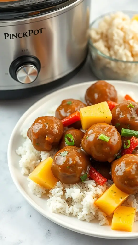 A plate of sweet and sour meatballs with pineapple on rice, with a crockpot in the background.