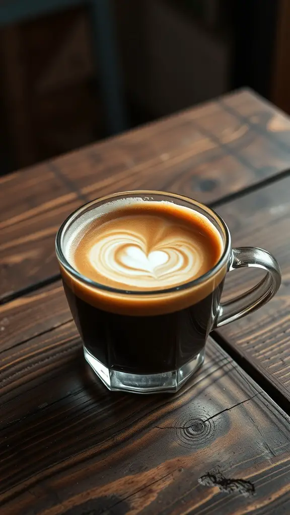 A cup of coffee with a heart design in the froth, placed on a wooden table.