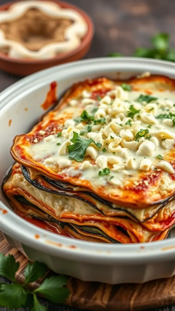 A delicious eggplant lasagna with layers of eggplant, cashew cheese, and herbs, served in a white dish.