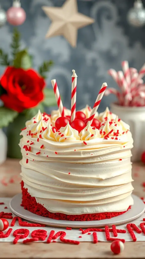 A beautifully decorated red velvet cake with cream cheese frosting, topped with cherries and striped straws.
