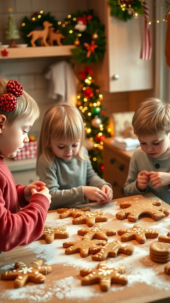 Children decorating gingerbread cookies in a festive kitchen