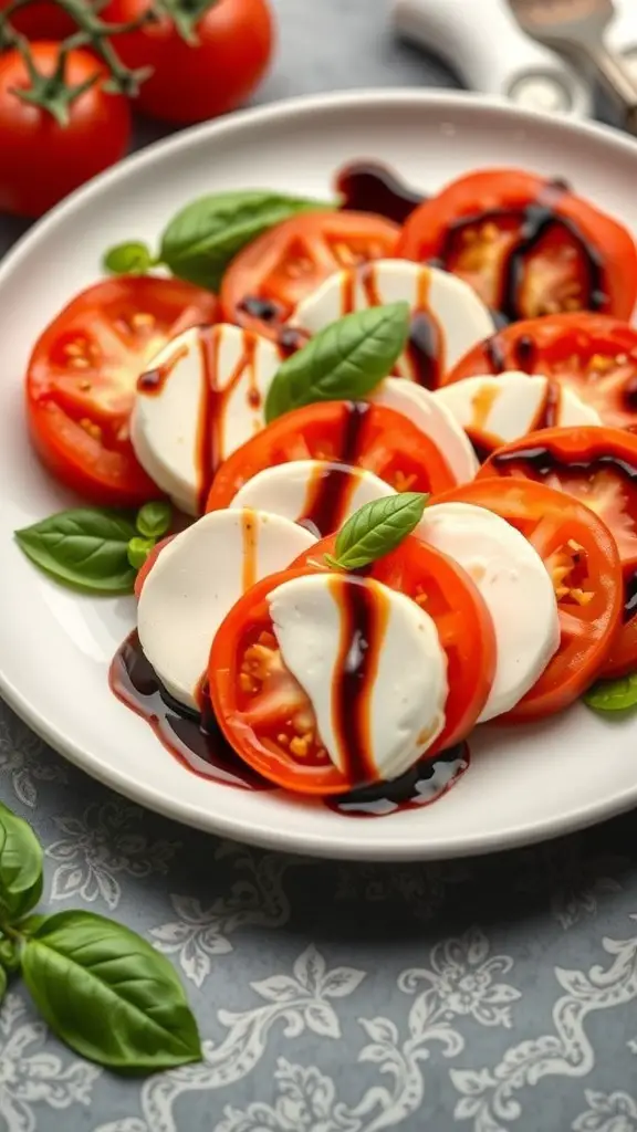 A plate of Caprese salad featuring sliced tomatoes, mozzarella, and basil drizzled with balsamic glaze.