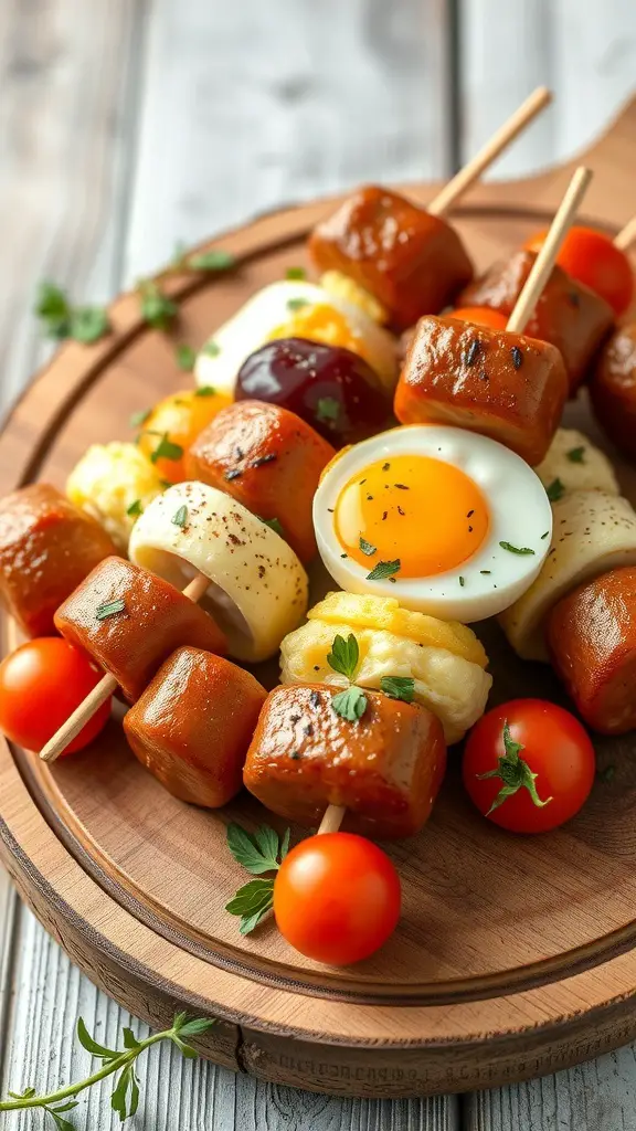 Maple sausage and egg breakfast skewers on a wooden platter with cherry tomatoes.