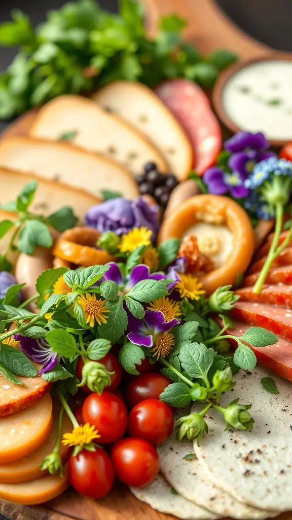 A colorful charcuterie board with herbs and edible flowers, featuring cheeses, meats, and fresh vegetables.