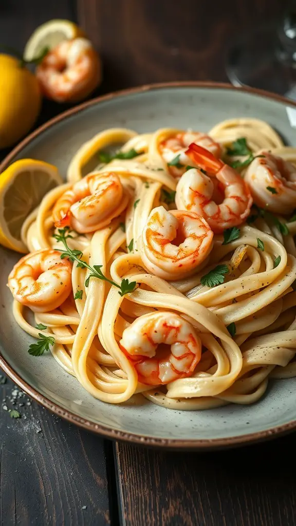 A plate of Shrimp Scampi Fettuccine Alfredo with shrimp and lemon slices.