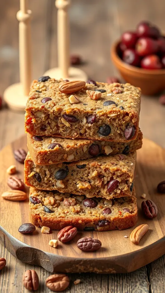 Nutty fruitcake bars stacked on a wooden platter with nuts and dried fruits around them.