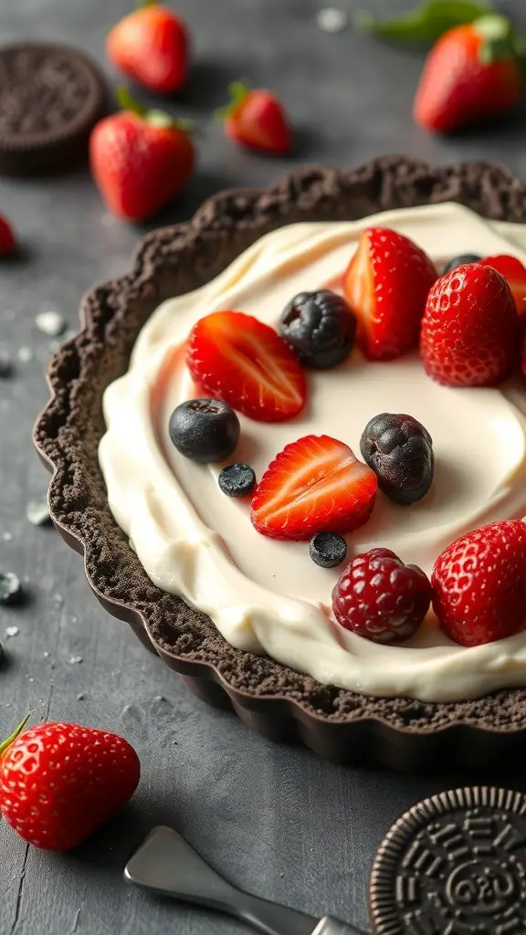 Oreo pie crust filled with creamy filling and topped with strawberries and blueberries