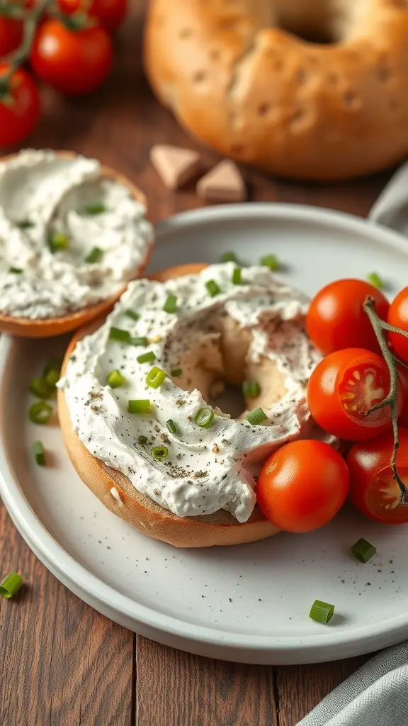 A bagel topped with herbed tofu cream cheese, garnished with green onions and served with cherry tomatoes.