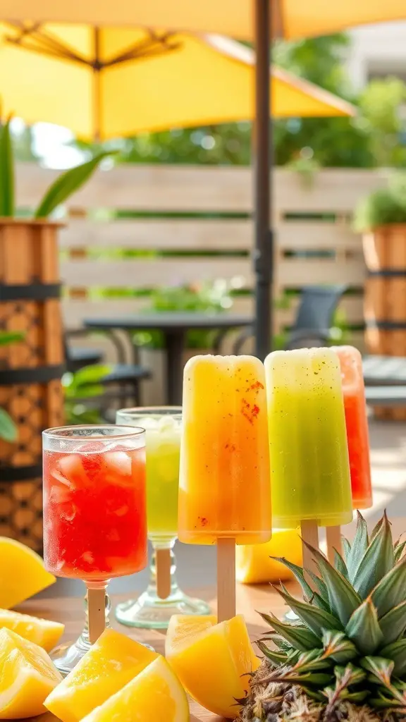 Colorful pineapple agua fresca popsicles with fresh pineapple slices and drinks in the background