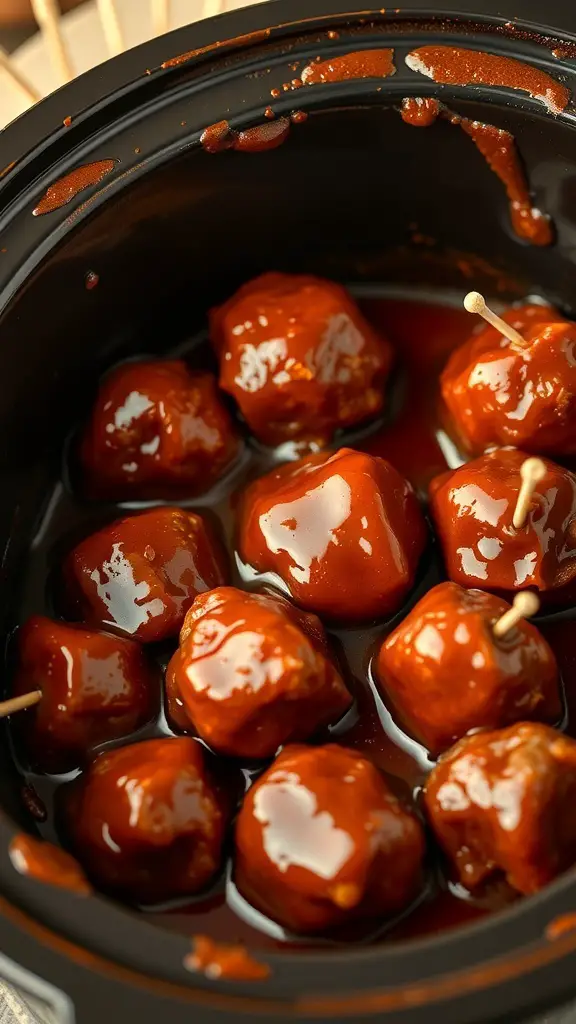 Crockpot filled with BBQ meatballs in sweet sauce, ready to serve at a party.