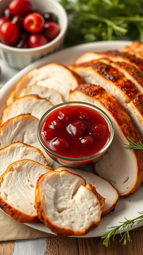 Sliced smoked turkey breast served with cranberry sauce and fresh cranberries