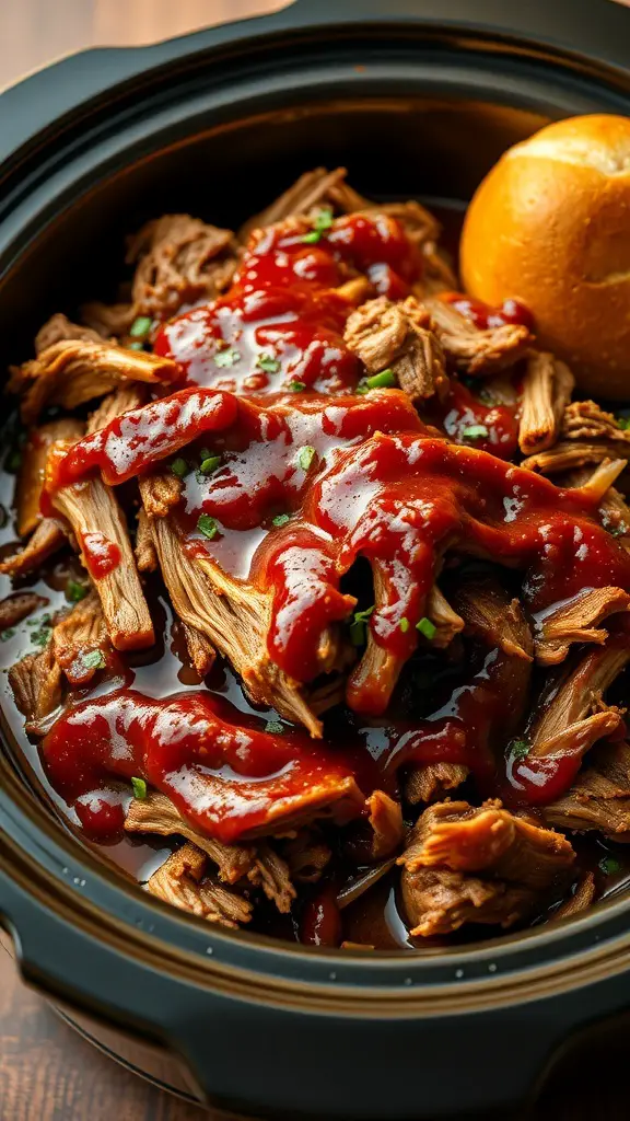 A close-up of pulled pork with BBQ sauce in a crockpot, garnished with green onions and served with a soft roll.