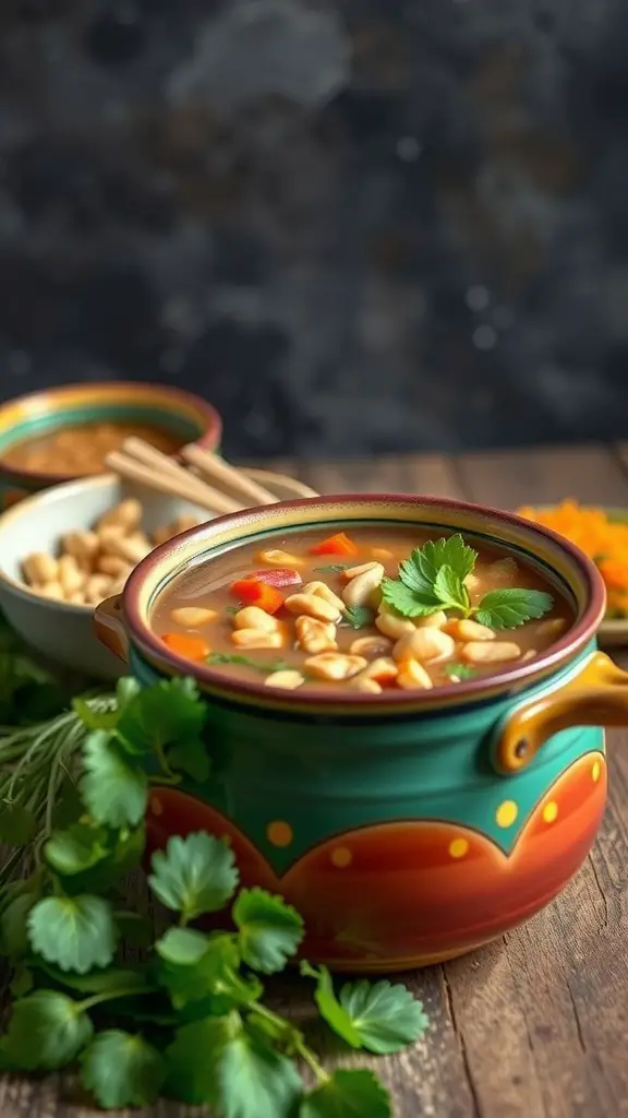 A colorful vegetarian Thai peanut fondue broth in a decorative pot, surrounded by fresh herbs and ingredients.