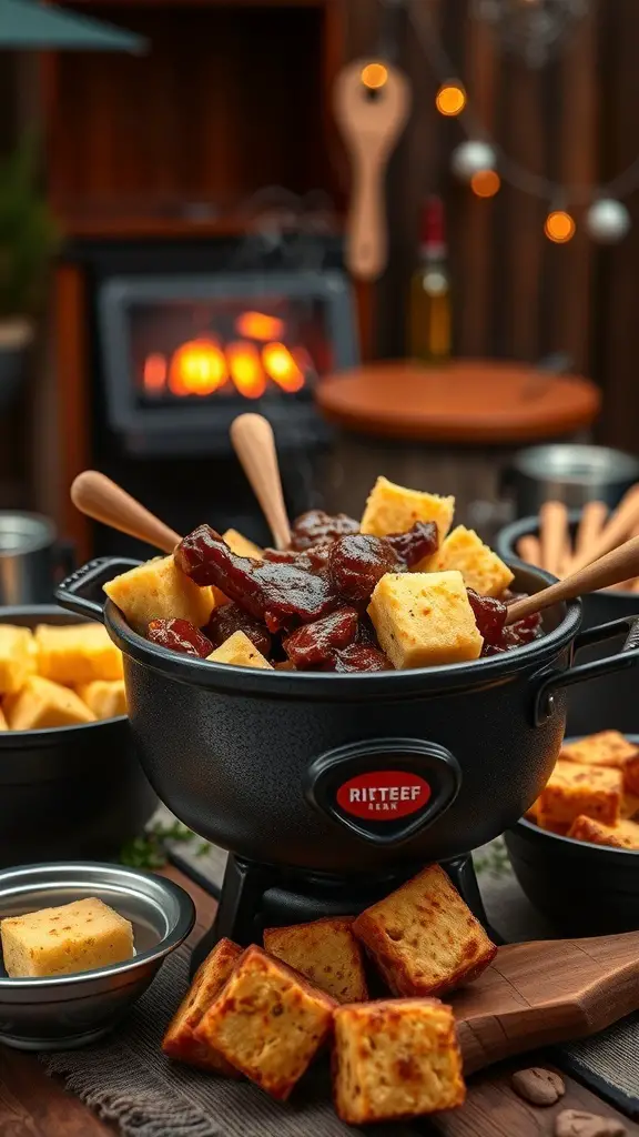 A pot of smoky BBQ beef fondue with cornbread dippers on a rustic table.