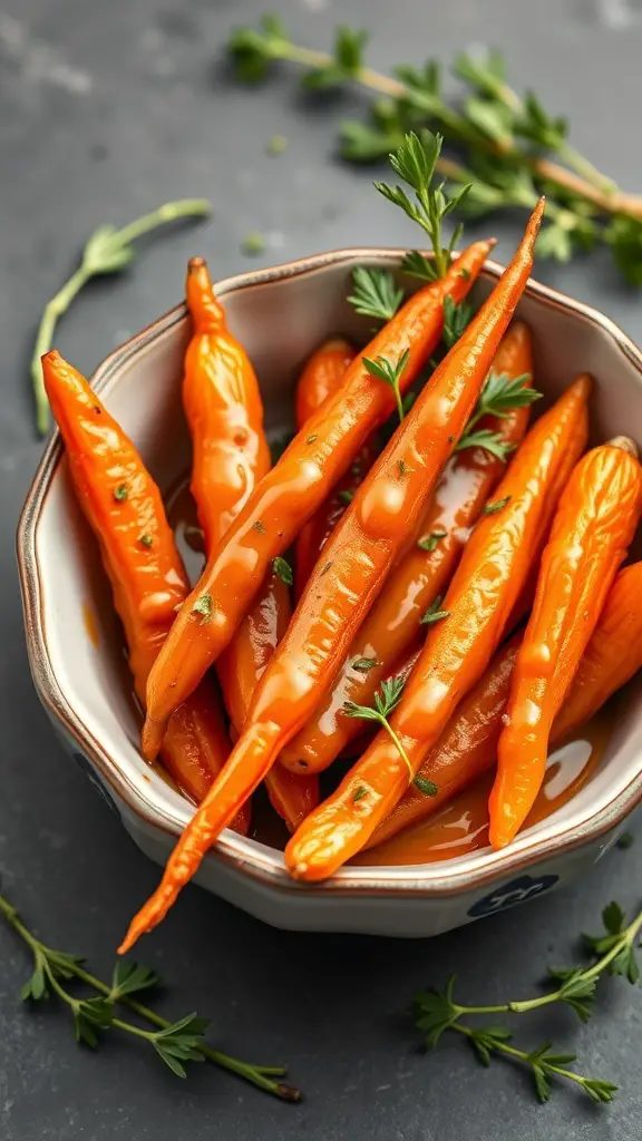 A bowl of honey garlic glazed carrots garnished with herbs
