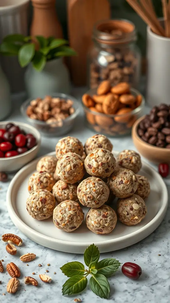 A plate of sweet raw vegan energy bites surrounded by nuts and seeds.