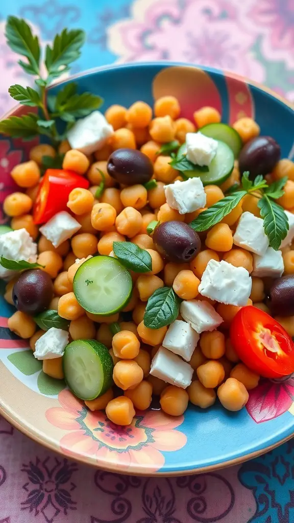 A colorful Mediterranean Chickpea Salad with chickpeas, cucumbers, tomatoes, olives, and feta cheese.