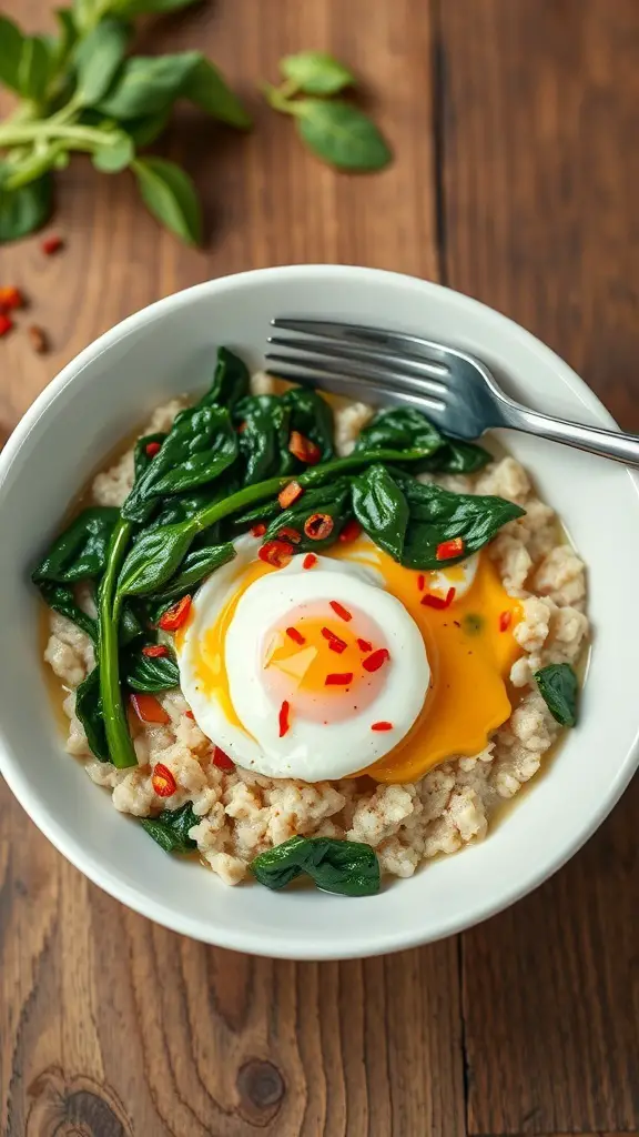 A bowl of savory oatmeal topped with spinach and a poached egg, garnished with chili flakes.