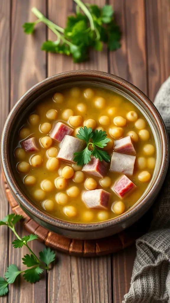 A bowl of split pea soup with ham, garnished with fresh herbs, on a wooden table.