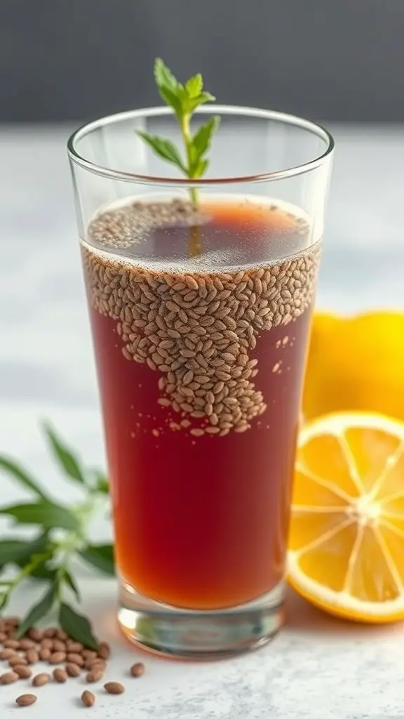 A glass of chia seed energy juice with lemon slices and mint leaves