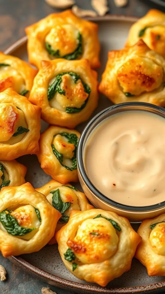 Savory spinach and cheese puff pastry bites served with a creamy dip