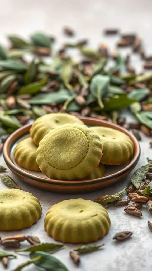 A plate of matcha green tea cookies surrounded by green tea leaves and spices.
