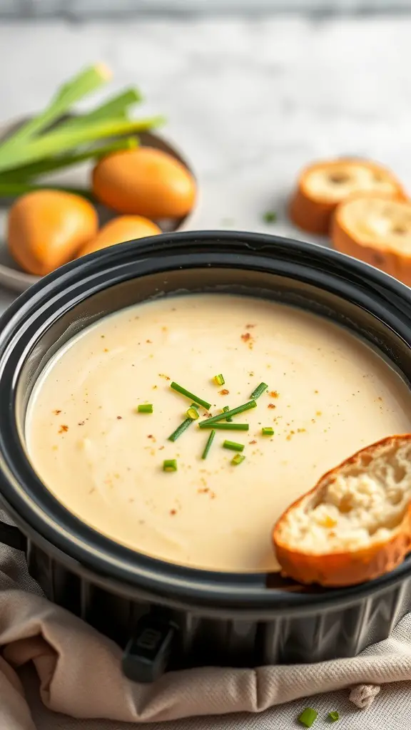 A bowl of creamy potato and leek soup garnished with chives, accompanied by bread.