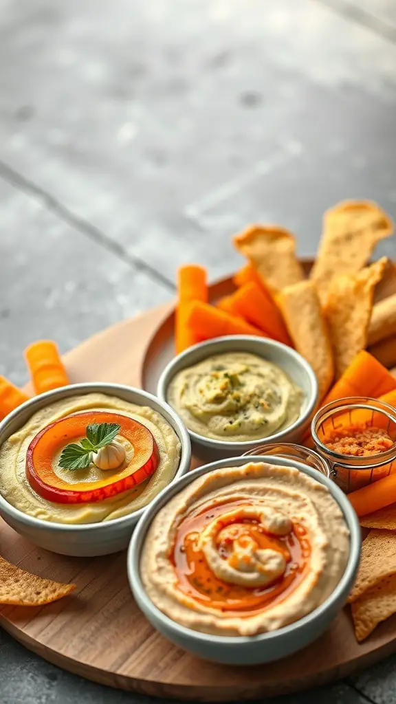 A platter with various colorful dips and spreads, including hummus and avocado dip, served with pita chips and carrot sticks.