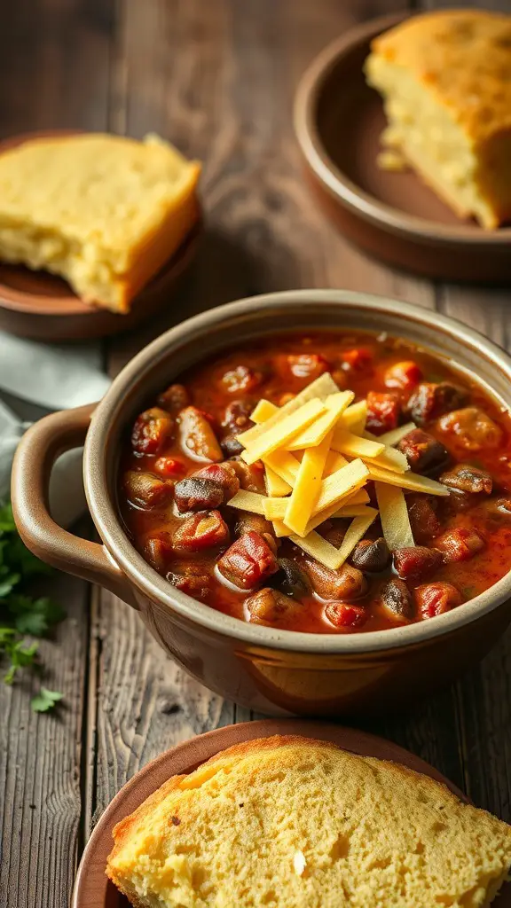 A bowl of chili topped with cheese, with slices of cornbread on the side.