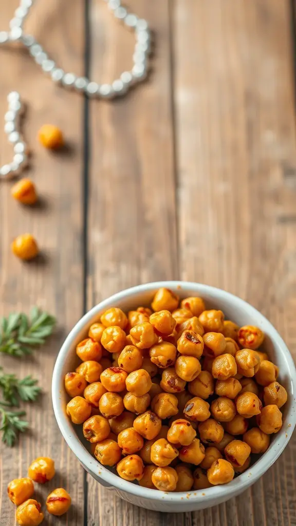 A bowl of spicy roasted chickpeas on a wooden table