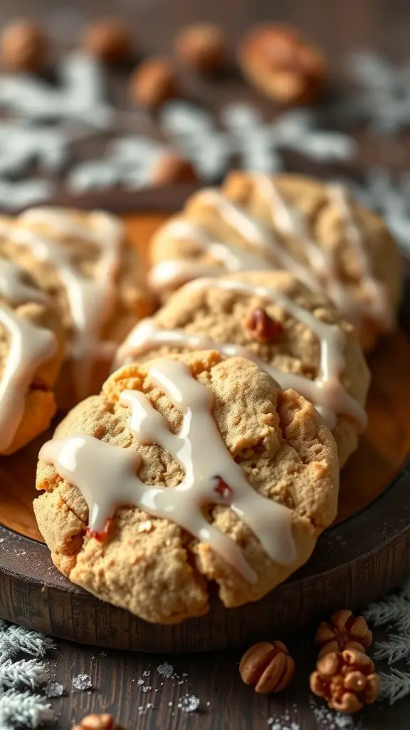 Maple walnut cookies with a glaze on a wooden plate