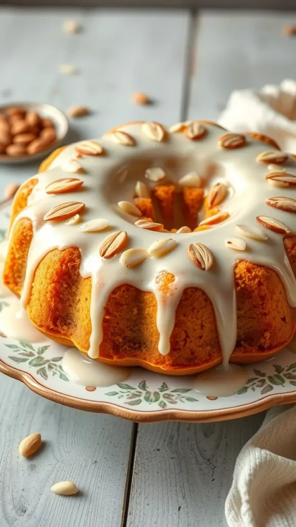 A beautifully baked almond flour cake topped with a creamy glaze and almonds.