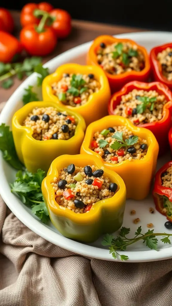 Colorful stuffed bell peppers filled with quinoa and black beans on a white plate.