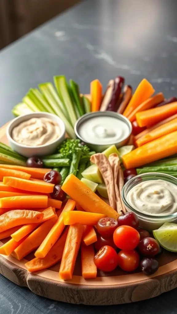 A colorful vegetable crudité platter featuring carrots, celery, green beans, cherry tomatoes, and dips.