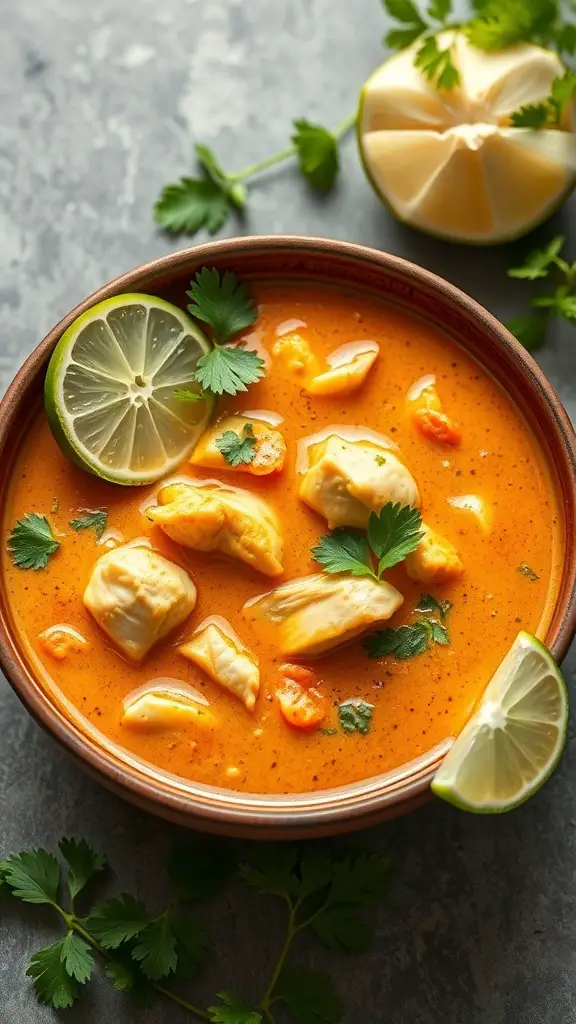 A bowl of Coconut Curry Chicken Soup with lime and cilantro garnishes.